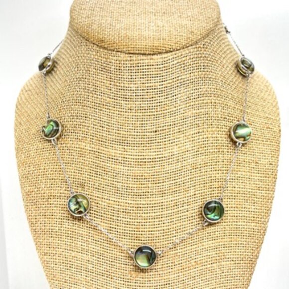 ABALONE SHELL MOTHER OF PEARL 925 STERLING SILVER STATION LINK NECKLACE 18" - Picture 5 of 16